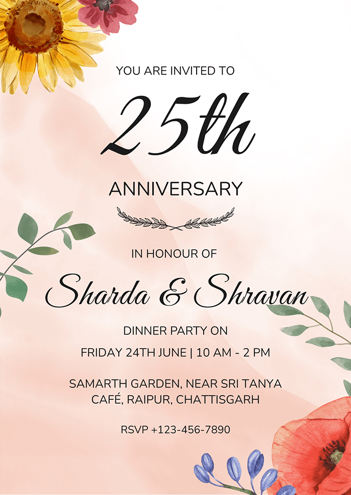 Floral 25th Wedding Anniversary Invitation